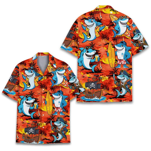 Surfing Shark Hawaiian Shirt Men Women Youth, Funny Pirate Shark Aloha Shirt