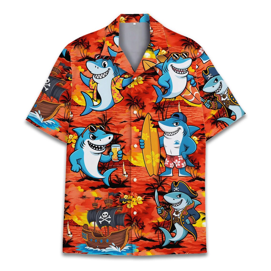 Surfing Shark Hawaiian Shirt Men Women Youth, Funny Pirate Shark Aloha Shirt