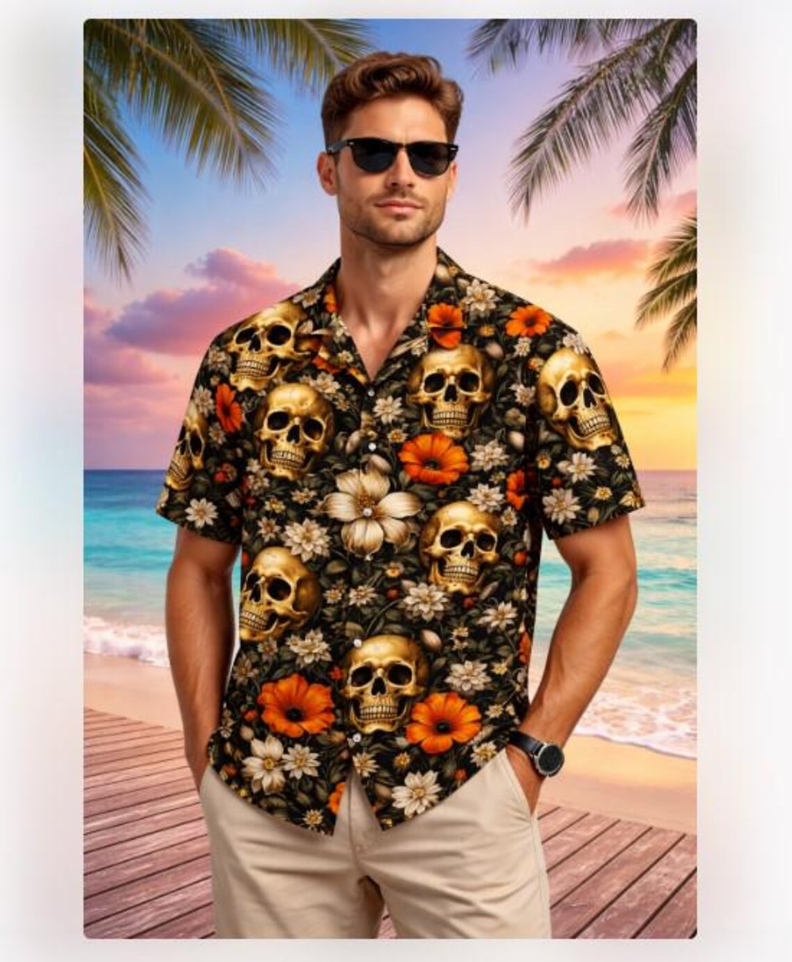 Skull Floral Hawaiian Shirt Unisex, Gothic Skull Aloha Button Down Short Sleeve Shirt, Dark Vintage Summer Outfit