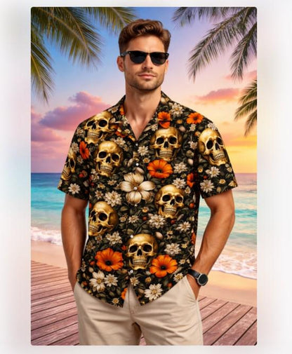 Skull Floral Hawaiian Shirt Unisex, Gothic Skull Aloha Button Down Short Sleeve Shirt, Dark Vintage Summer Outfit