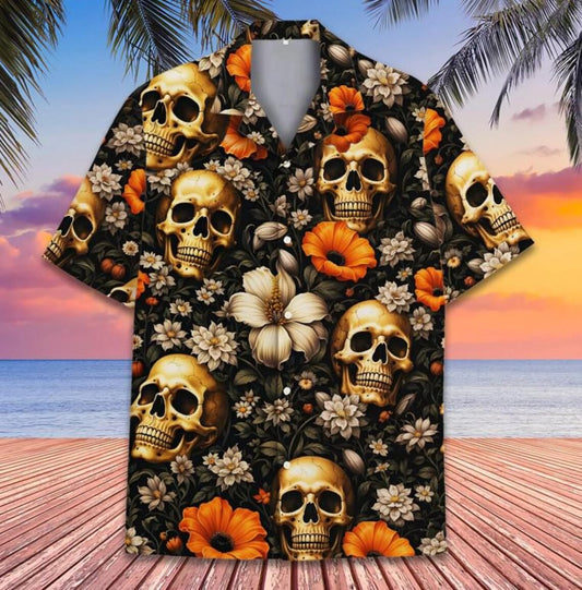 Skull Floral Hawaiian Shirt Unisex, Gothic Skull Aloha Button Down Short Sleeve Shirt, Dark Vintage Summer Outfit