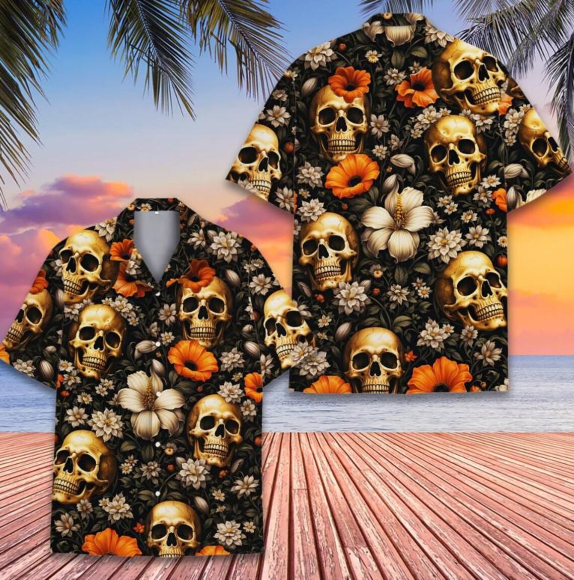 Skull Floral Hawaiian Shirt Unisex, Gothic Skull Aloha Button Down Short Sleeve Shirt, Dark Vintage Summer Outfit
