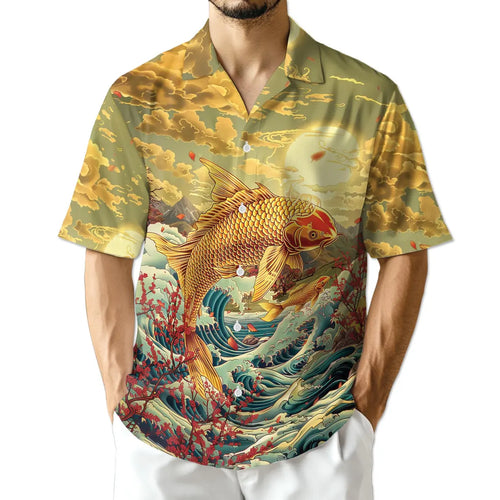 Japanese Koi Fish Hawaiian Shirt, Golden Wave Aloha Beach Top