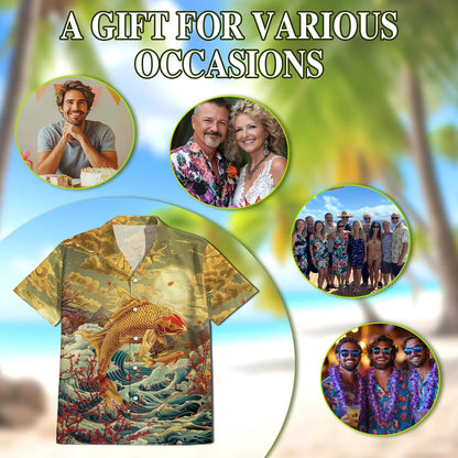 Japanese Koi Fish Hawaiian Shirt, Golden Wave Aloha Beach Top