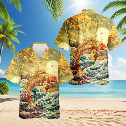 Japanese Koi Fish Hawaiian Shirt, Golden Wave Aloha Beach Top