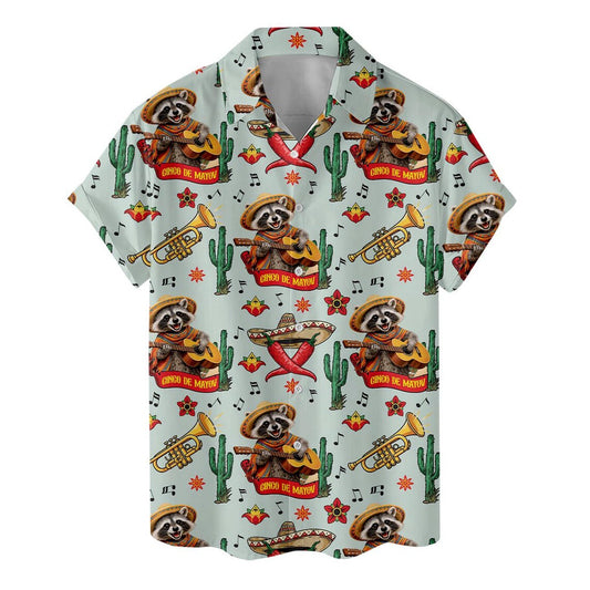 Raccoon Cinco de Mayo Aloha Shirt, Fiesta Cactus Tropical Party Hawaiian Top