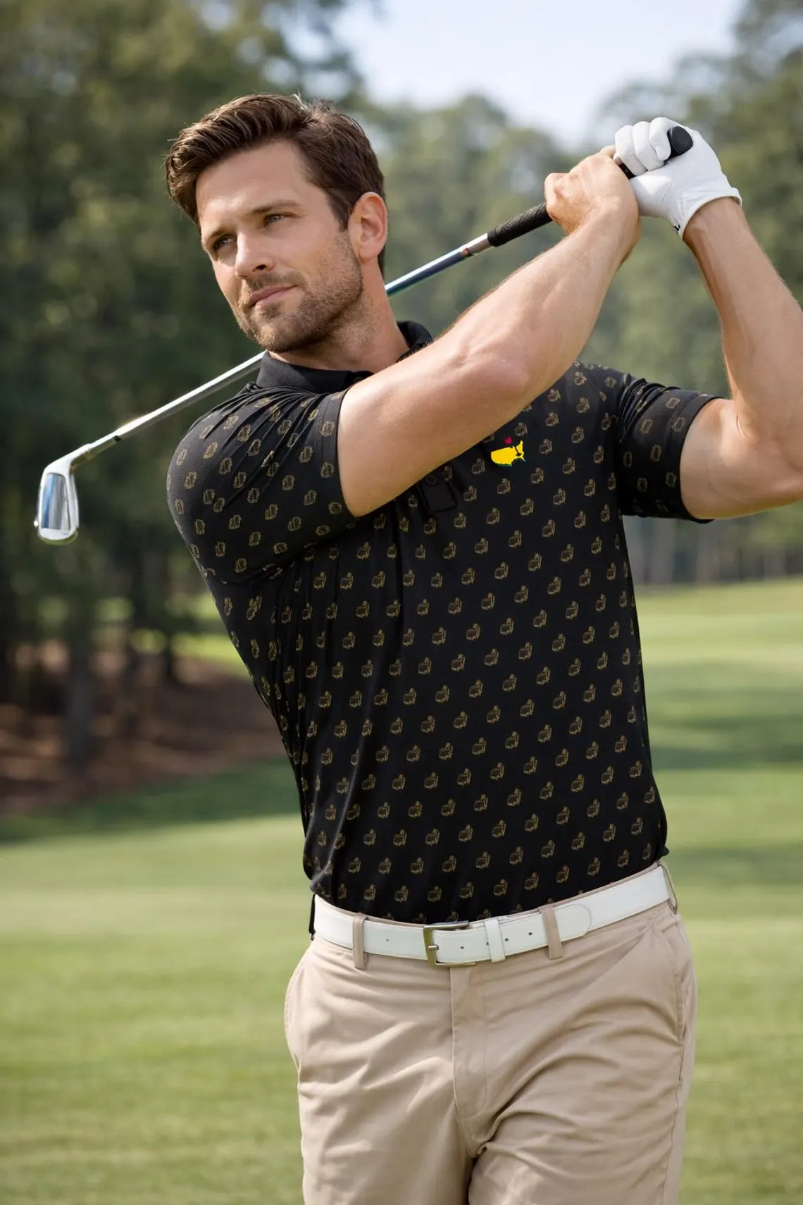 Augusta Golf Map Pattern Polo Shirt, Black Golf Polo Shirt for Men
