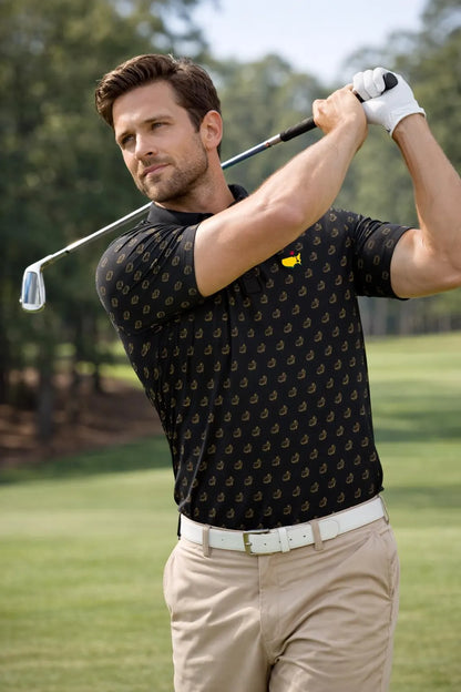 Augusta Golf Map Pattern Polo Shirt, Black Golf Polo Shirt for Men
