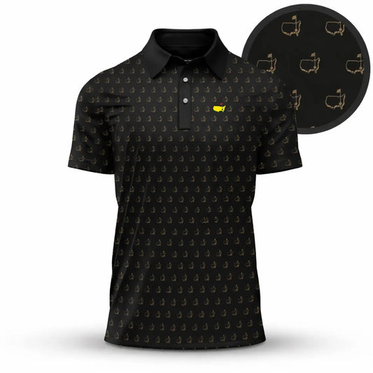 Augusta Golf Map Pattern Polo Shirt, Black Golf Polo Shirt for Men