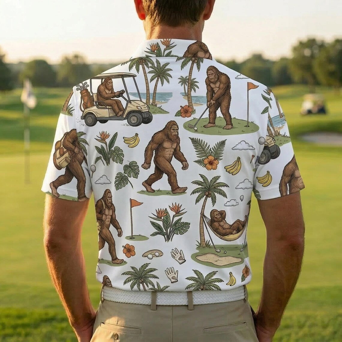 Funny Bigfoot Golf Polo Shirt, Tropical Golf Cart Sasquatch Polo