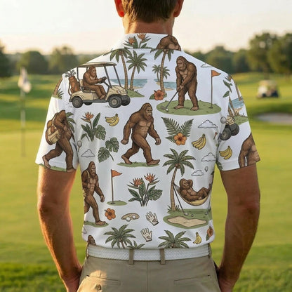 Funny Bigfoot Golf Polo Shirt, Tropical Golf Cart Sasquatch Polo