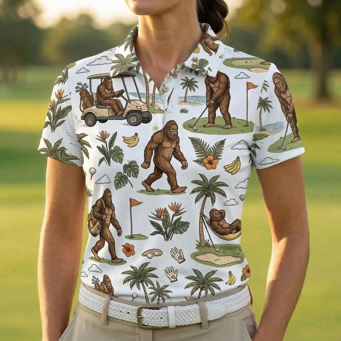 Funny Bigfoot Golf Polo Shirt, Tropical Golf Cart Sasquatch Polo