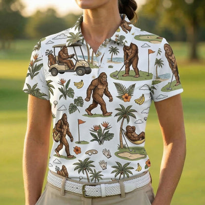 Funny Bigfoot Golf Polo Shirt, Tropical Golf Cart Sasquatch Polo