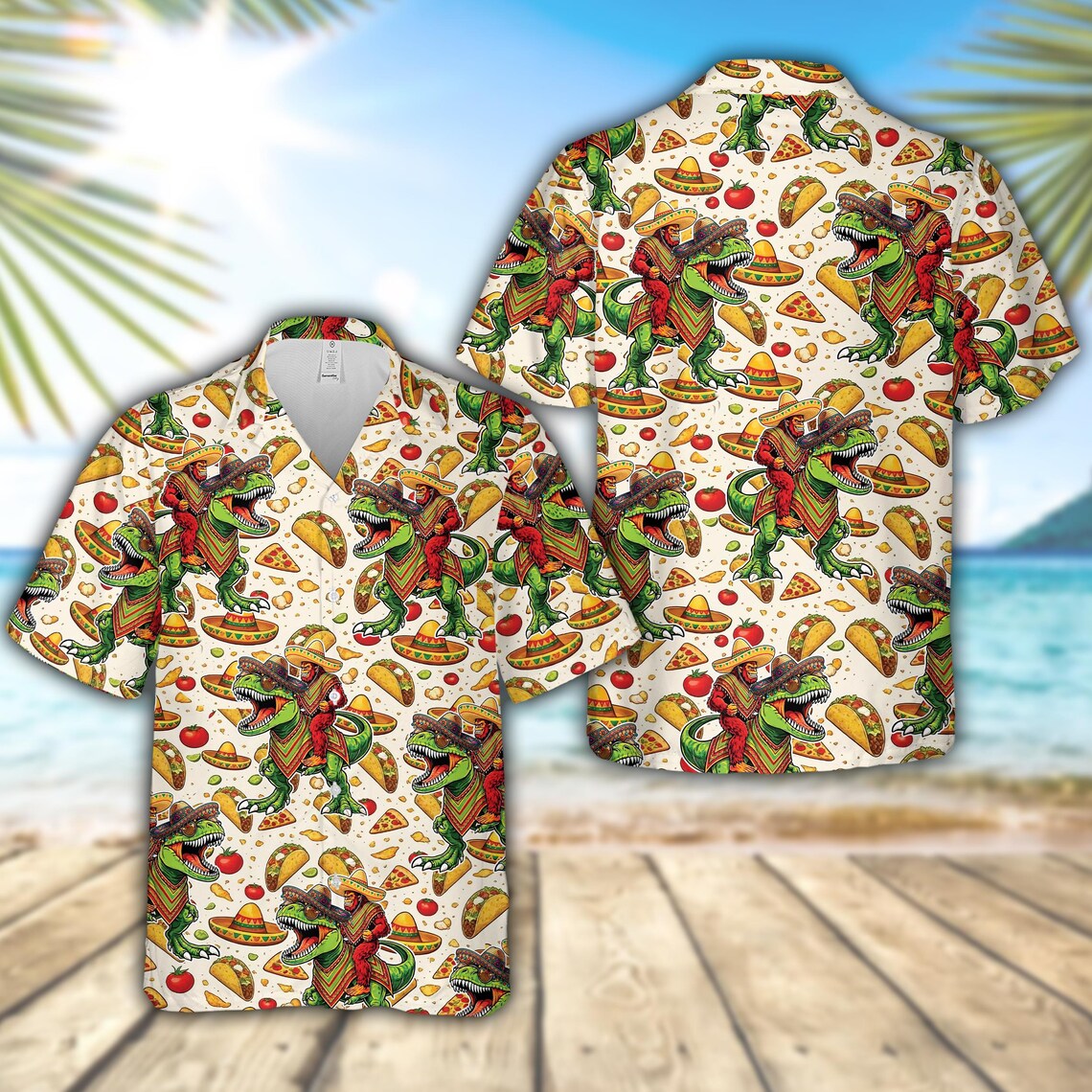 Funny Cinco De Mayo Bigfoot Hawaiian Shirt, Dinosaur Tacos Fiesta Button Down Shirt