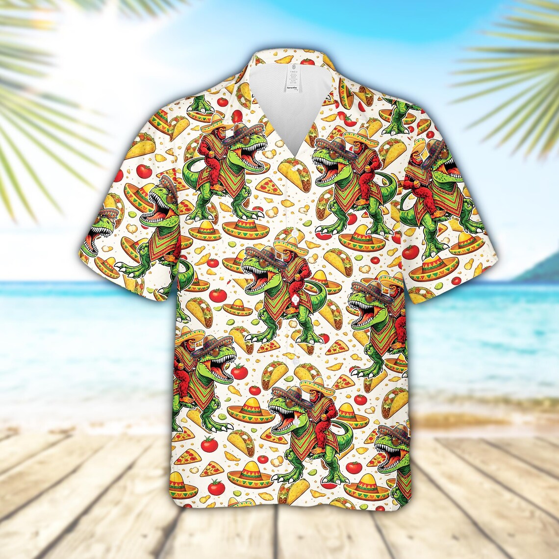 Funny Cinco De Mayo Bigfoot Hawaiian Shirt, Dinosaur Tacos Fiesta Button Down Shirt
