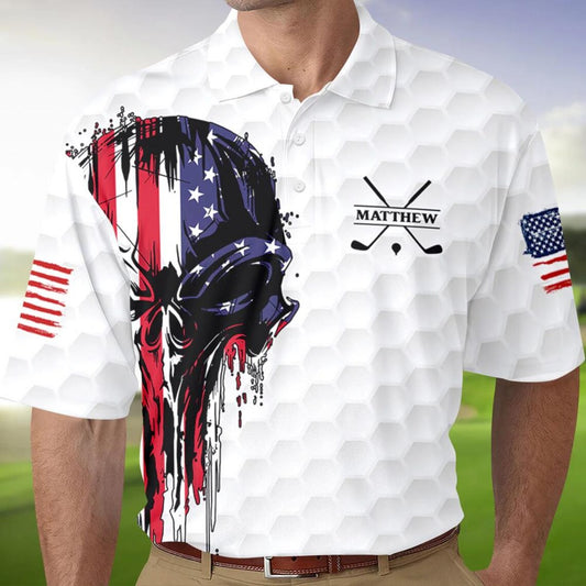 Personalized American Skull Flag Polo Shirt, Golf Gear