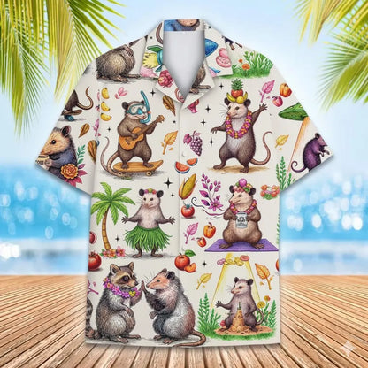 Funny Opossum Hawaiian Shirt Men Women , Vintage UFO Coffee Possum Shirt, Weird Animal Aloha Button Down Short Sleeve