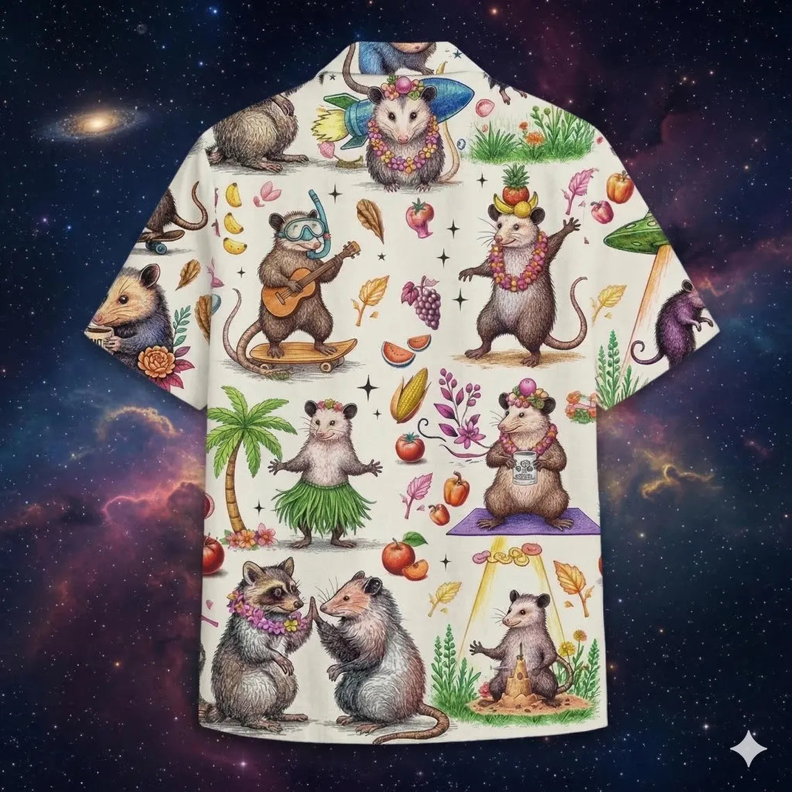 Funny Opossum Hawaiian Shirt Men Women , Vintage UFO Coffee Possum Shirt, Weird Animal Aloha Button Down Short Sleeve
