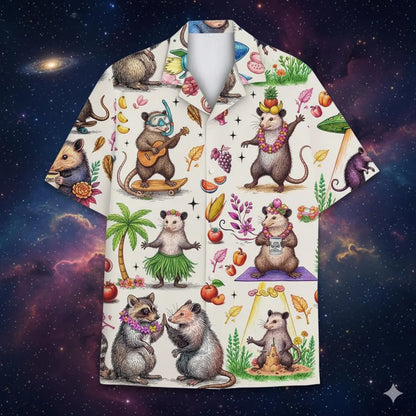 Funny Opossum Hawaiian Shirt Men Women , Vintage UFO Coffee Possum Shirt, Weird Animal Aloha Button Down Short Sleeve