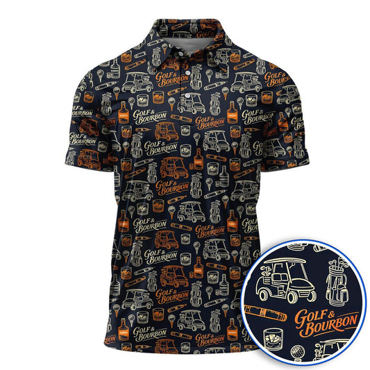Golf & Bourbon Polo Shirt for Men, Funny Golfer Whiskey Lover Shirt