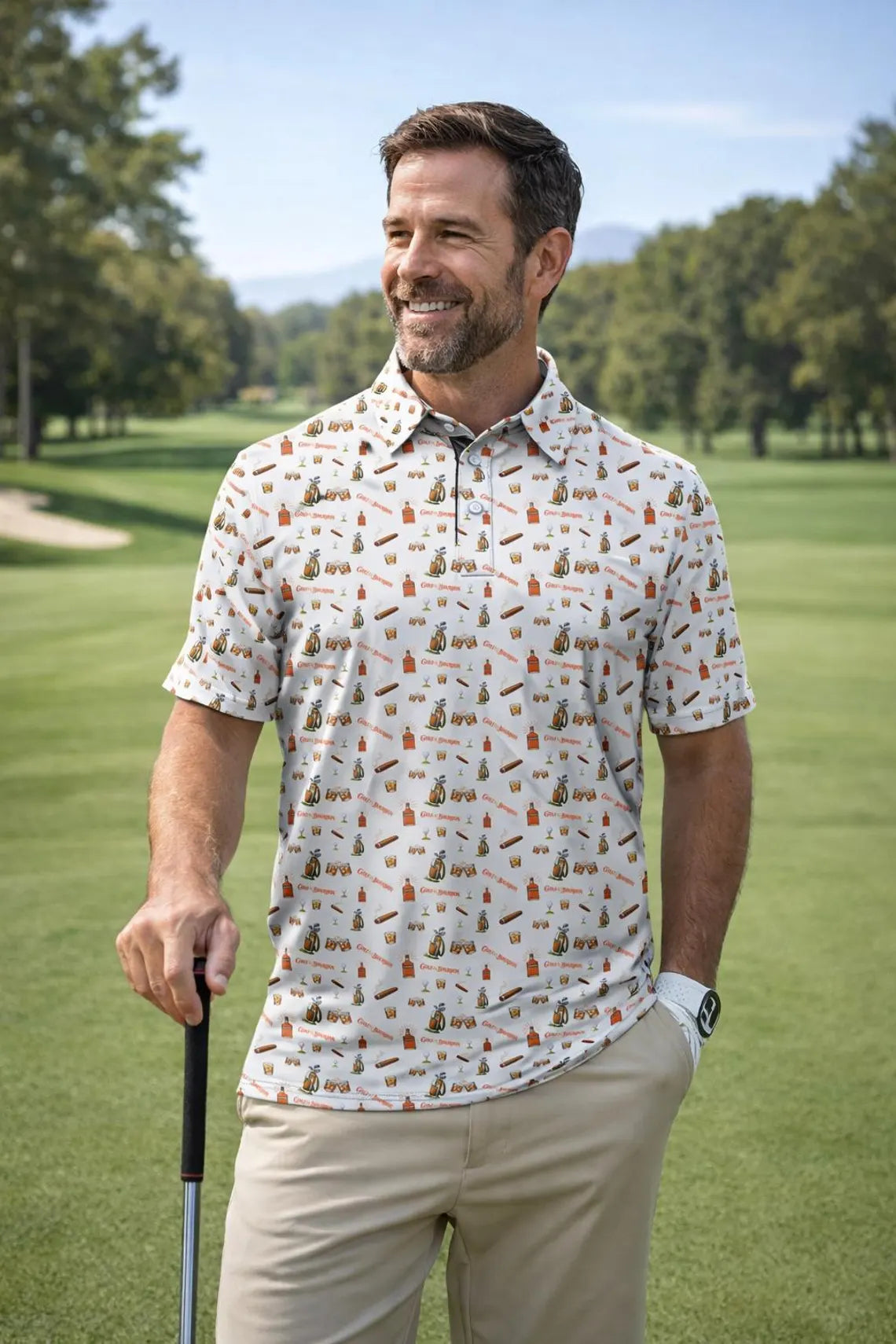 Golf & Bourbon Polo Shirt, Funny Golfer Polo, Whiskey Lover Golf Shirt