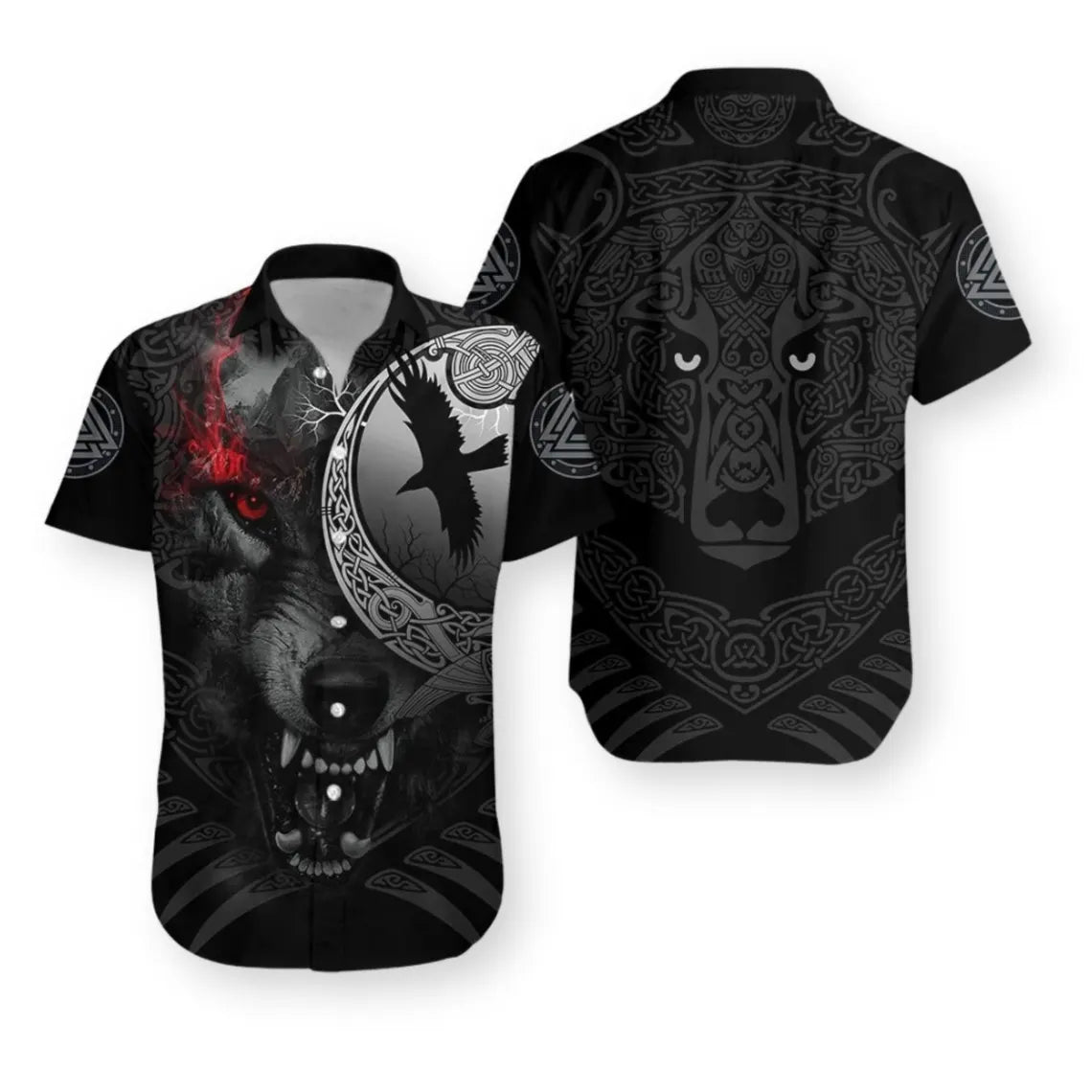Viking Angry Moon Wolf Hawaiian Shirt, Norse Mythology Black Button Up