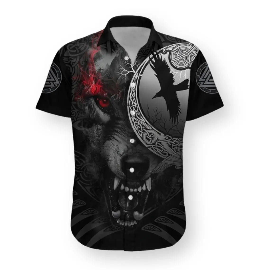 Viking Angry Moon Wolf Hawaiian Shirt, Norse Mythology Black Button Up