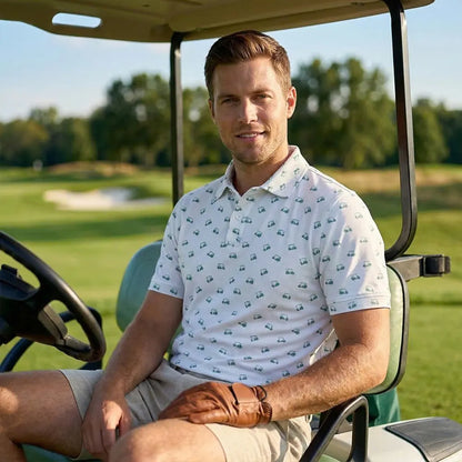 Men's Golf Polo Shirt – Green Golf Cart Pattern, Athletic Fit