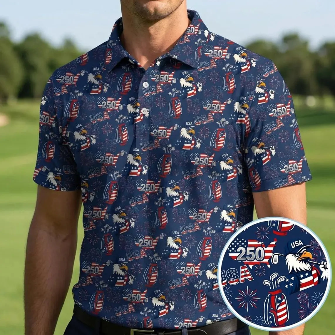 250 USA Birthday Golf Polos, Patriotic Bald Eagle American Flag Shirt