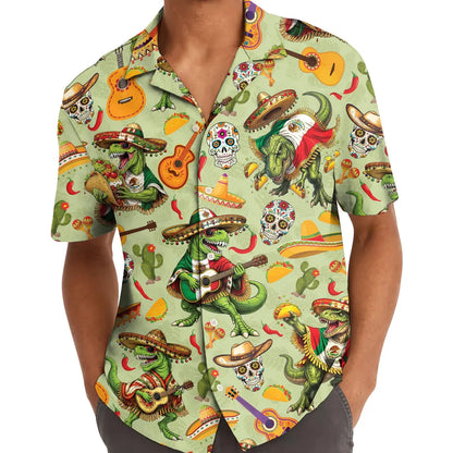 Men's Taco Dinosaur Skull Hawaiian Shirt, Fiesta Party Vacation Button Down