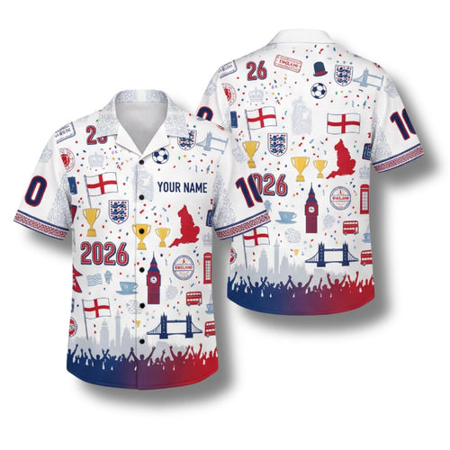 England Hawaiian Shirt 2026 Soccer Fan Gift, Personalized Tropical Button Up Shirt