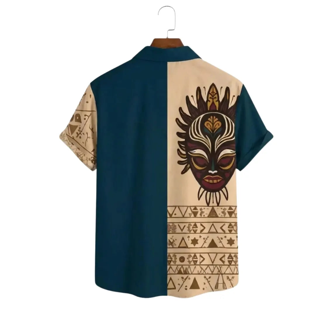 Tiki Mask Hawaiian Shirt for Men, Tribal Button Up Aloha Shirt, Blue Beige Island Vacation Beach Shirt