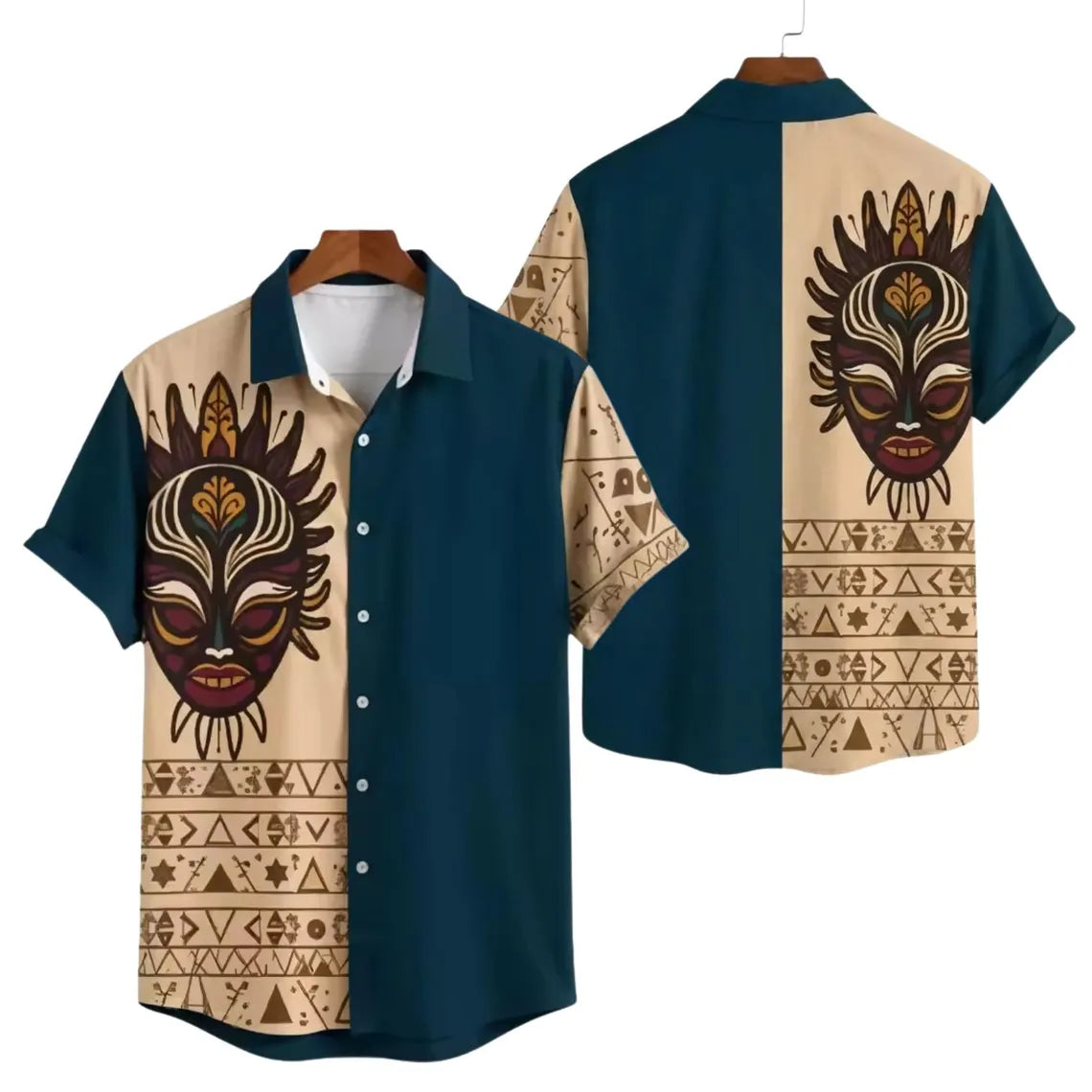 Tiki Mask Hawaiian Shirt for Men, Tribal Button Up Aloha Shirt, Blue Beige Island Vacation Beach Shirt