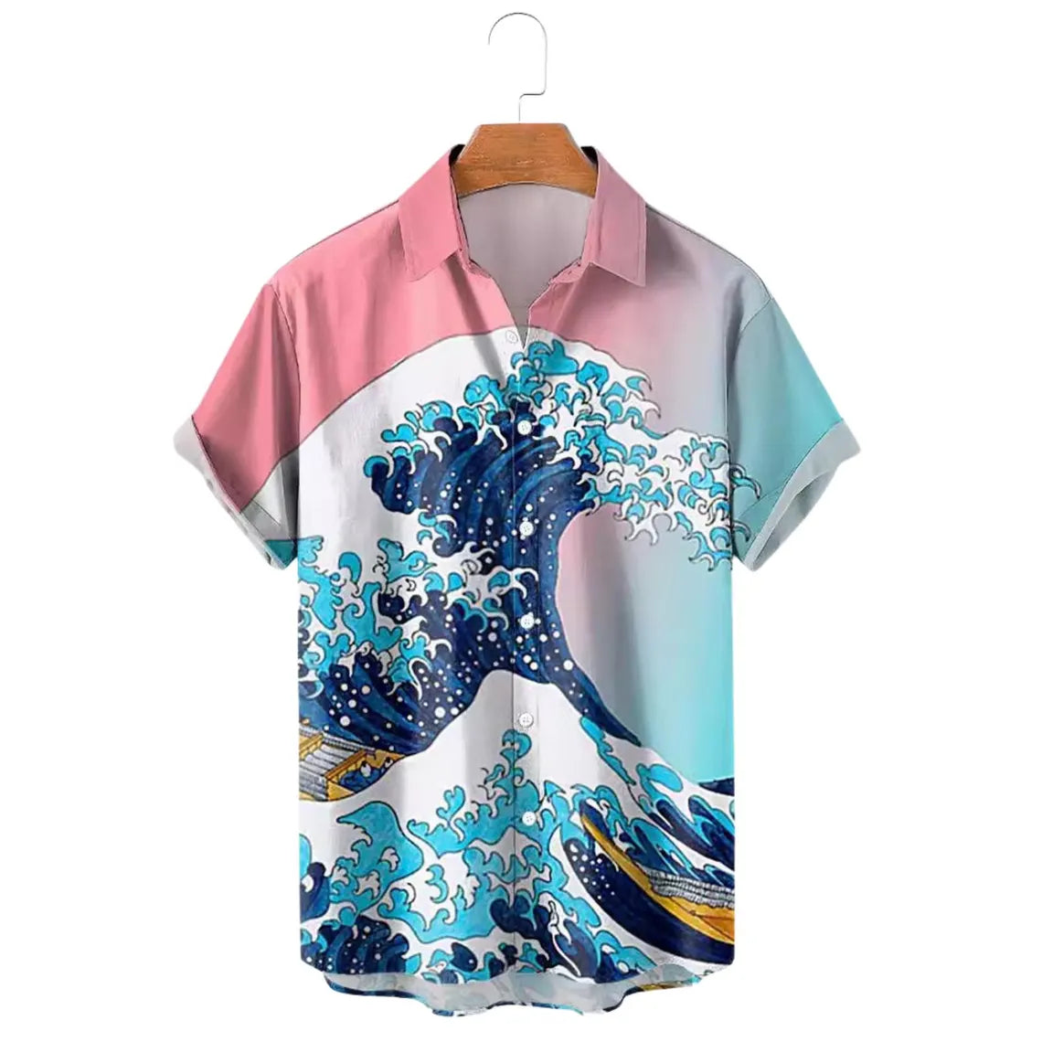 Great Wave Hawaiian Shirt for Men, Pink Blue Japanese Art Button Up