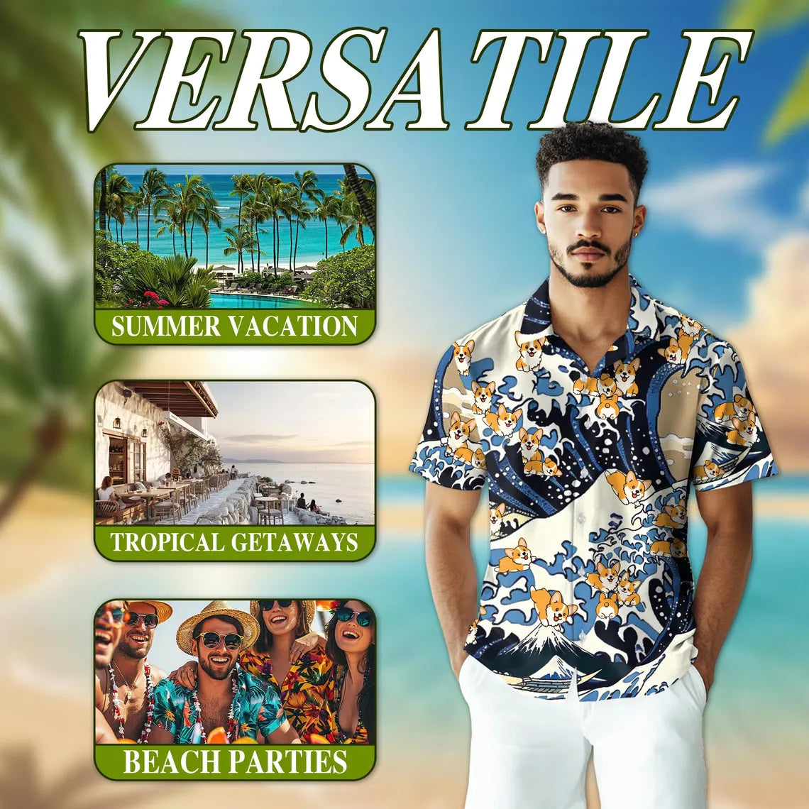 Corgi Hawaiian Shirt, Japanese Wave Aloha Shirt, Cute Dog Great Wave Shirt