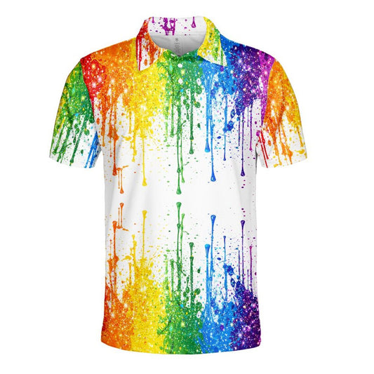 LGBT Pride Rainbow Polo Shirt, Colorful Paint Splash Shirt Button Up