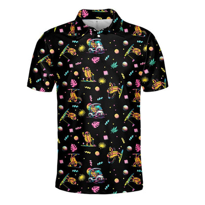 Funny Hotdog Golf Polo Shirt, Neon Golf Cart Pattern Shirt Button Up