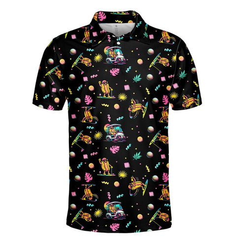Funny Hotdog Golf Polo Shirt, Neon Golf Cart Pattern Shirt Button Up