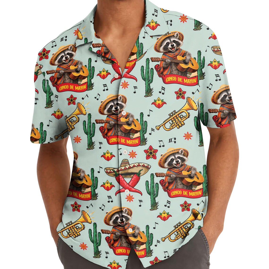 Raccoon Cinco de Mayo Aloha Shirt, Fiesta Cactus Tropical Party Hawaiian Top