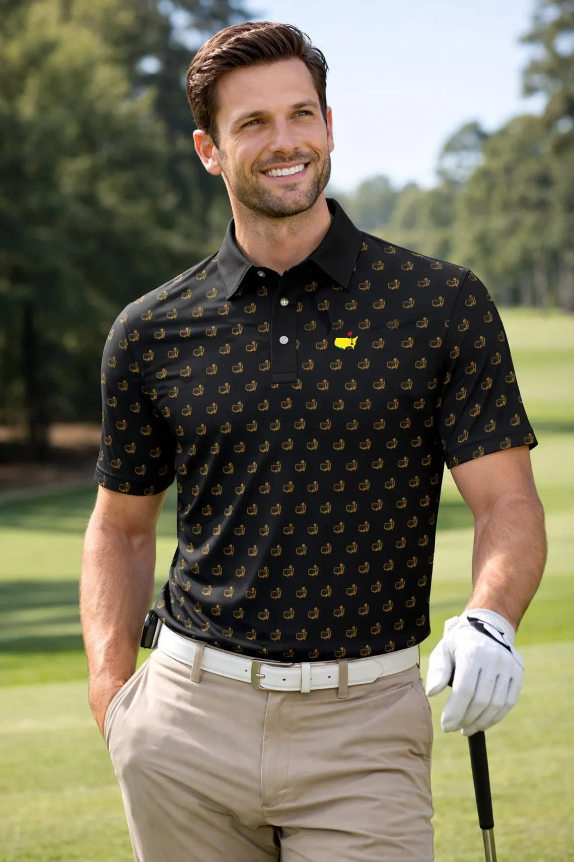 Augusta Golf Map Pattern Polo Shirt, Black Golf Polo Shirt for Men