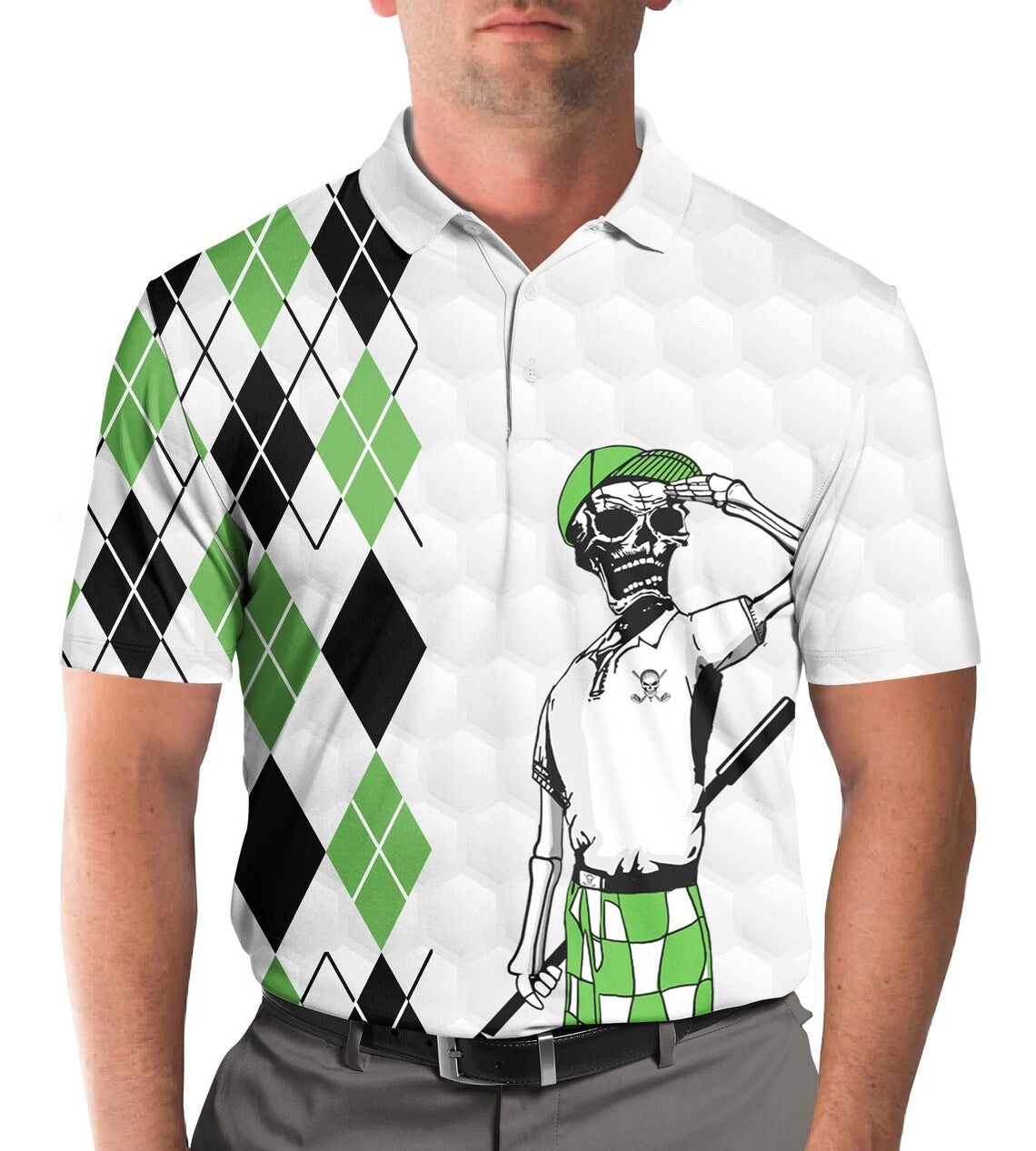 Skeleton Hawaiian Golf Polo Shirt, Vintage Golfing Print, Casual Mens Top