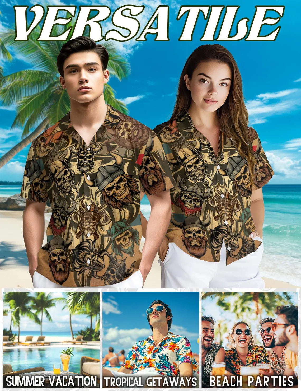 Viking Skull Hawaiian Shirt, Norse Warrior Aloha Beach Top Unisex