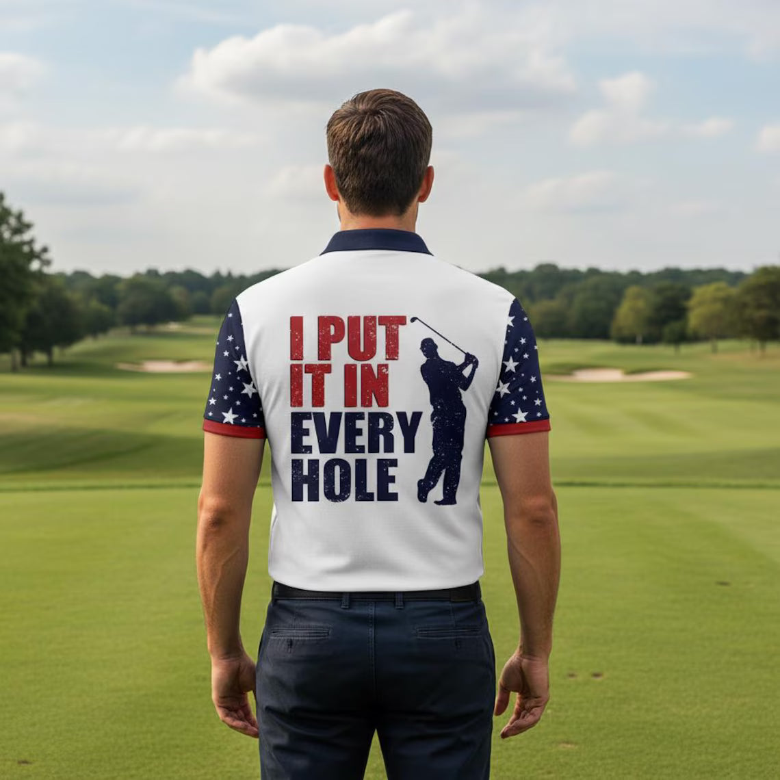 Patriotic Golf Beer Shirt – Men’s 4th of July Golf Polo,I Put It in Every Hole Mens Golf Polo Shirt