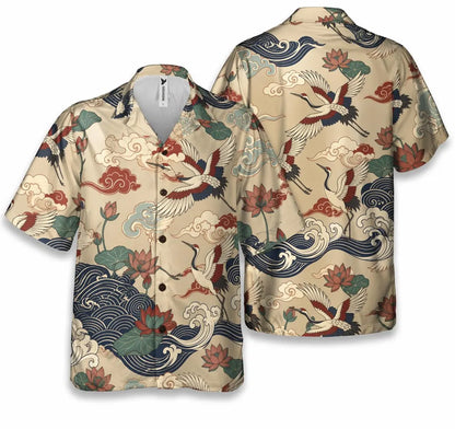 Japanese crane print shirt, Hawaiian style shirt, Oriental style shirt