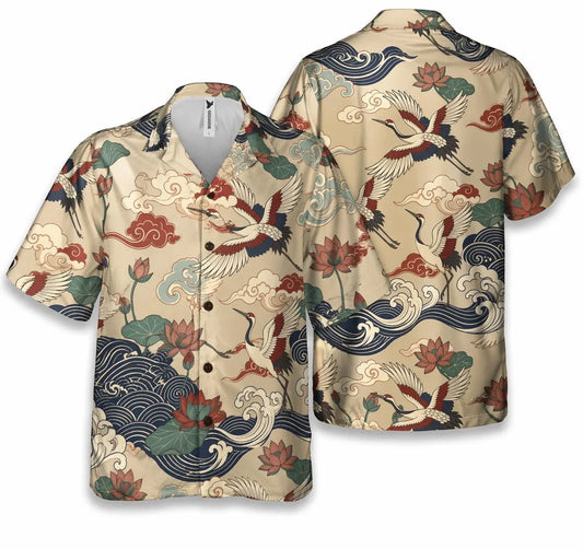 Japanese crane print shirt, Hawaiian style shirt, Oriental style shirt