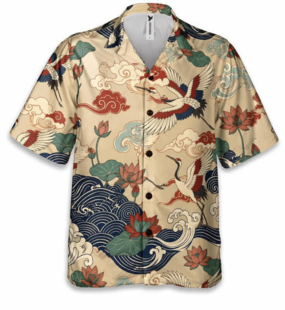 Japanese crane print shirt, Hawaiian style shirt, Oriental style shirt