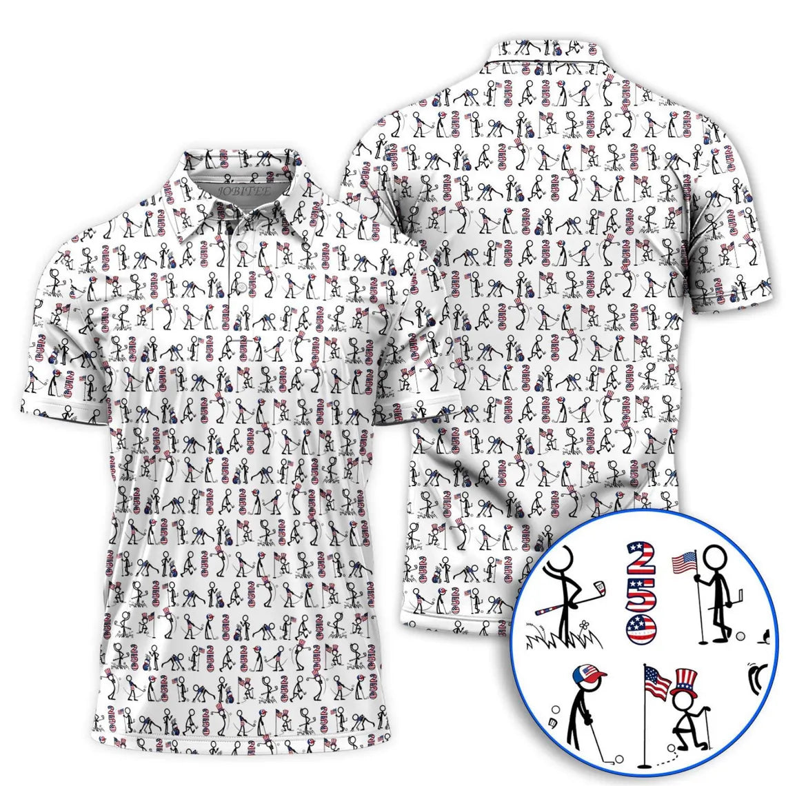 Funny Golf Polo Shirt Patriotic USA, Stick Figure Golf Shirt, American Flag Golf Polo