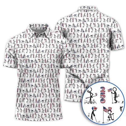 Funny Golf Polo Shirt Patriotic USA, Stick Figure Golf Shirt, American Flag Golf Polo