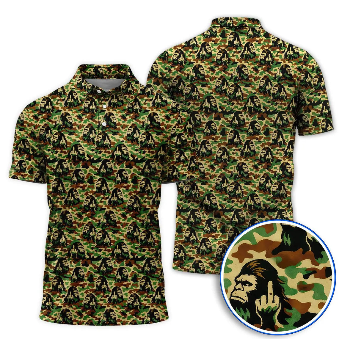 Bigfoot Camo Golf Polo Shirt, Funny Sasquatch Middle Finger Polo