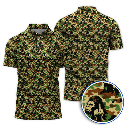 Bigfoot Camo Golf Polo Shirt, Funny Sasquatch Middle Finger Polo